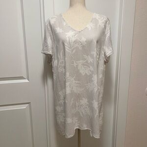 Arna York Linen Blend Tunic Top 2X Lagenlook Floral Stripes Short Sleeves 18/20